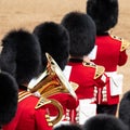 Trooping the Colour, annual military ceremony in London in the presence of the Queen. Guards wear bearskin hats.