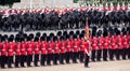 Trooping the Colour ceremony at Horse Guards Parade, Westminster, London UK, with Household Division soldiers.