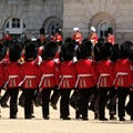 Trooping the Colour ceremony, London UK. Soldiers march to attention. Royalty Free Stock Photo