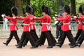 Trooping the Colour ceremony, London UK. Soldiers marching in unison.