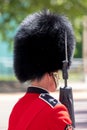 Trooping the Colour parade at Horse Guards, London UK, with soldier in iconic red and black uniform and bearskin Royalty Free Stock Photo