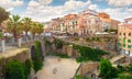 Tropea, Italy - September 9, 2019: Panorama of Tropea city center with stone stairs down to the beach.