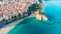 Tropea town and Tyrrhenian Sea beach with Sanctuary church of Santa Maria dell Isola - Panorama Royalty Free Stock Photo
