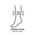 Trophic ulcer line icon. Sores, wound outline vector symbol. Stage of varicose veins on the leg sign.