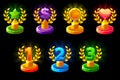 Trophies different colored. 1st, 2nd, 3rd place. Laurel wreath of victory, star, heart and dollar for game, ui, banner