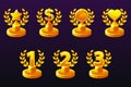 Trophies different variation. 1st, 2nd, 3rd place. Laurel wreath of victory, star, heart and dollar for game, ui, banner