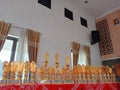 Trophies are lined up on the table for the winners of the children's competition Royalty Free Stock Photo