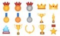 Trophies and medals. Award prize flat icon, olympic gold, silver and bronze medal with ribbon. Winner cup, glass reward and crown Royalty Free Stock Photo