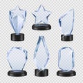 Trophies transparent. Crystal cups awards event symbols vector realistic glass winner trophies collection