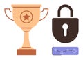 Trophy for Achievement, Padlock for Security, and Analytics Graph Symbolizing Data Protection Success Royalty Free Stock Photo