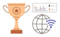 Trophy, Analytics Chart, and Global wireless Highlight Achievement and Digital Connectivity Royalty Free Stock Photo