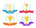Trophy award with ribbon decoration set, vector illustration. Success victory, prize cup reward for champion winner. Win Royalty Free Stock Photo