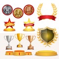 Trophy Awards Cups, Golden Laurel Wreath With Red Ribbon And Gold Shield. Realistic Golden, Silver, Bronze Achievement Royalty Free Stock Photo