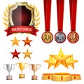 Trophy Awards Cups, Golden Laurel Wreath With Red Ribbon. Realistic Golden, Silver, Bronze Achievement Medals. Sports Royalty Free Stock Photo