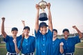 Trophy, baseball and winning team portrait with women outdoor on a pitch for sports competition. Professional athlete or