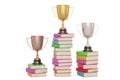 Trophy and book stacks isolated on white background. 3D illustration