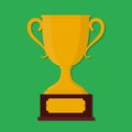 Trophy cup for awarding champion. Flat gold cup for win. Prize icon for reward. Winner goblet of championship. Trophy cup of first