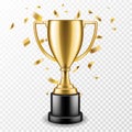 Trophy cup. Champion trophy, shiny golden cup and falling confetti, sport award. Winner prize, champions realistic Royalty Free Stock Photo