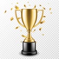 Trophy cup. Champion trophy, shiny golden cup and falling confetti, sport award. Winner prize, champions realistic vector concept Royalty Free Stock Photo