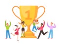 Trophy cup concept. Success business team with golden cup prize, people celebrating victory, leadership achievement Royalty Free Stock Photo