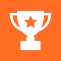 Trophy cup flat vector icon. Simple winner symbol. White illustration isolated on orange background. Royalty Free Stock Photo