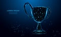 Trophy cup form lines and triangles, point connecting network on blue background. sport cup, champion`s cup. Polygon vector wirefr