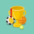 Trophy cup gold medal sport win winner flat 3d isometric vector