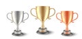 Trophy cup. Gold silver bronze prize. Vector winner championship realistic cups