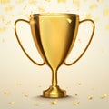 Trophy cup with golden confetti. Vector background. Winner concept.