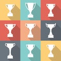 Trophy Cup icon set. Trophy Cup silhouettes on prize podium in flat style. First place award. Champions and winners infographic el Royalty Free Stock Photo