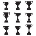 Trophy Cup icon set. Trophy Cup silhouettes on prize podium in flat style. First place award. Champions and winners infographic Royalty Free Stock Photo