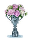 Trophy cup with lush lush pink peonies bouquet in it