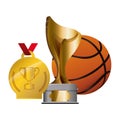 trophy cup and medal with basketball balloon