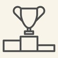 Trophy Cup on prize podium line icon. Champions or winners goblet pedestal outline style pictogram on beige background