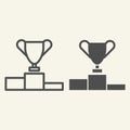Trophy Cup on prize podium line and solid icon. Champions or winners goblet pedestal outline style pictogram on beige