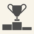 Trophy Cup on prize podium solid icon. Champions or winners goblet pedestal glyph style pictogram on beige background