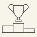 Trophy Cup on prize podium thin line icon. Champions or winners goblet pedestal outline style pictogram on beige