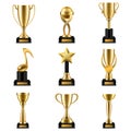 Trophy cup. Realistic golden trophy cups and prize in different shapes, triumph champions, celebration sports winner