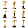 Trophy cup. Realistic golden trophy cups and prize in different shapes, triumph champions, celebration sports winner awards vector Royalty Free Stock Photo