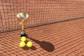 Trophy cup and tennis balls on a red clay court and shadow from the net. Champion trophy. Winner concept. Copy space