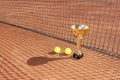 Trophy cup and tennis balls on a red clay court and shadow from the net. Champion trophy. Winner concept. Copy space