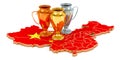 Trophy Cups on Chinese map. Sport Tournaments in China, concept. 3D rendering