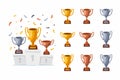 Trophy cups on a podium with confetti. Gold, silver, and bronze winner prize cups set with different shapes - 1st, 2nd