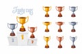 Trophy cups on a podium. Gold, silver, and bronze winner prize cups set with different shapes - 1st, 2nd, and 3rd place