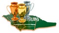 Trophy Cups on Saudi Arabian map. Sport Tournaments in Saudi Arabia, concept. 3D rendering