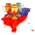 Trophy Cups on Taiwanese map. Sport Tournaments in Taiwan, concept. 3D rendering