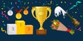 Trophy elements vector collection. Medals, flowers, winner cup, award winning podium pedestal, champagne, confetti and ribbons Royalty Free Stock Photo