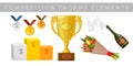 Trophy elements vector collection. Medals, flowers, winner cup, award winning podium pedestal and champagne isolated on white Royalty Free Stock Photo