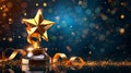 Trophy gold star on podium with ribbon elements and glitter light effects decorations and bokeh Royalty Free Stock Photo