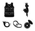 A trophy in his hand, a steel trap, a hunting vest with patronage, a horn..Hunting set collection icons in black style